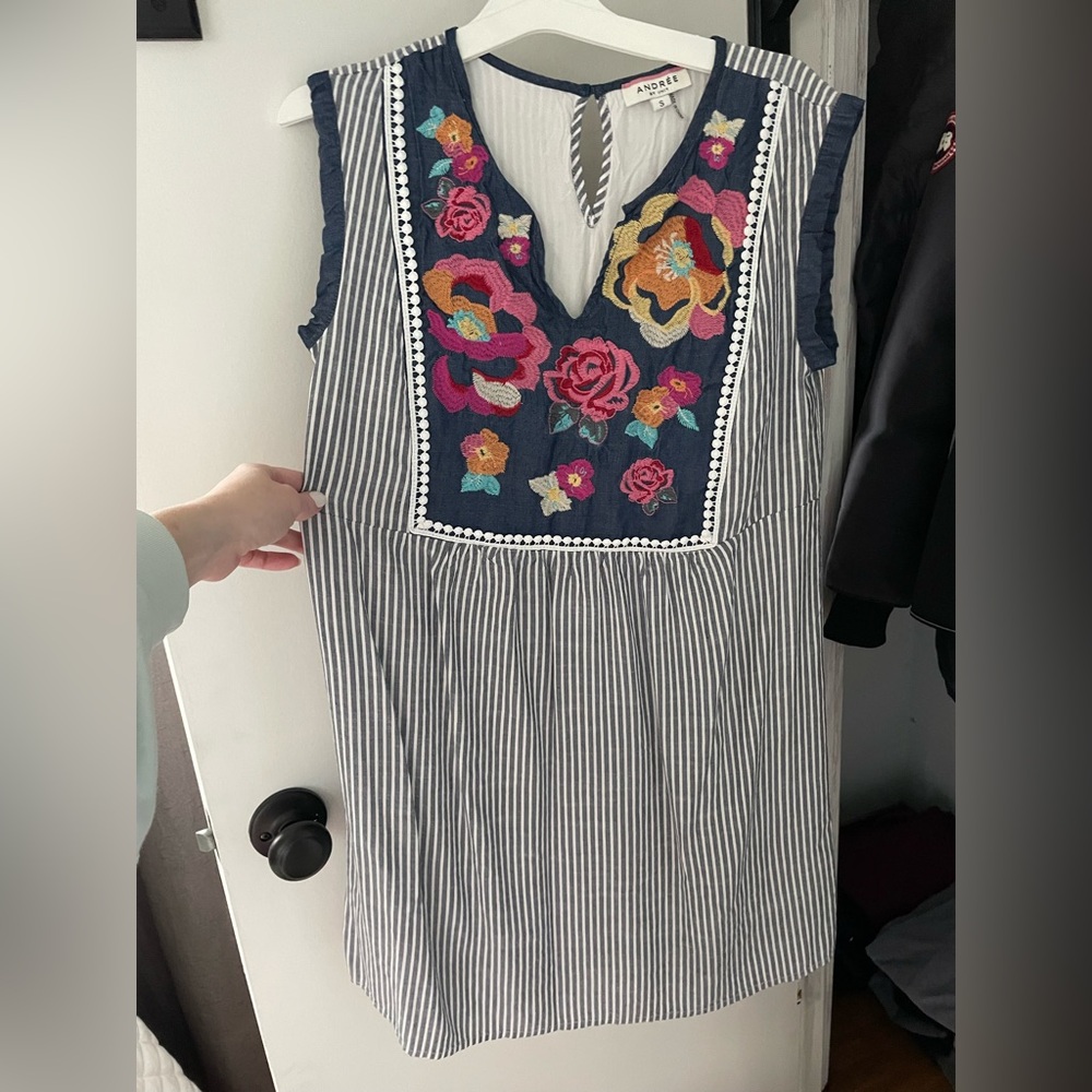 Anthropology/Andree Floral Embroidered Striped Dress